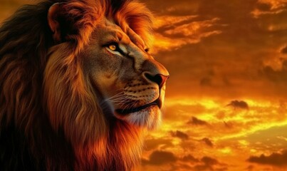 Naklejka premium A majestic lion with a golden mane gazes into the distance under a warm sunset.