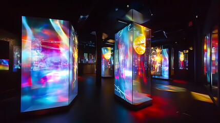 A futuristic projection art display featuring holographic visuals in a darkened space.