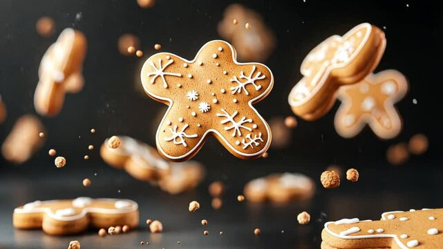 Gingerbread cookies with snowflake designs, falling on a dark background.