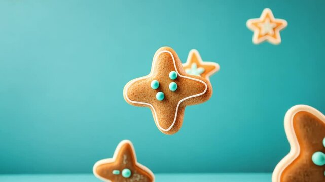 Gingerbread cookies decorated with blue icing fall against a blue background.