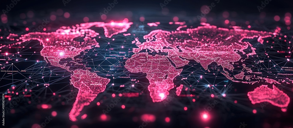 Poster World Map with Glowing Continents and Interconnected Lines