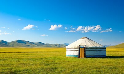 A traditional Mongolian yurt sits in an expansive grassy plain under a bright blue sky, with mountains in the background