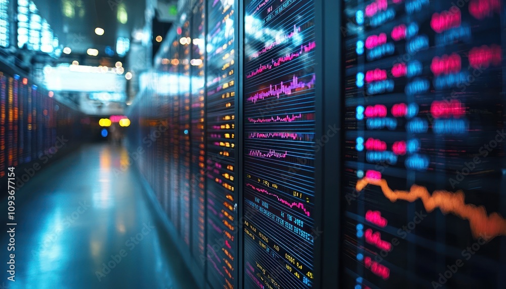 Poster wall of digital displays showing financial data in a stock exchange