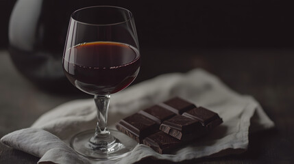 A glass of velvety port wine served with dark chocolate on a linen napkin.