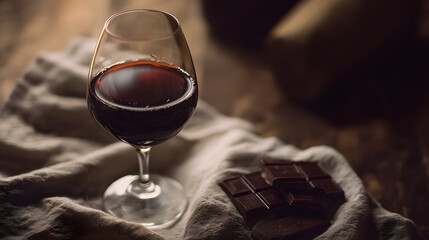 A glass of velvety port wine served with dark chocolate on a linen napkin.