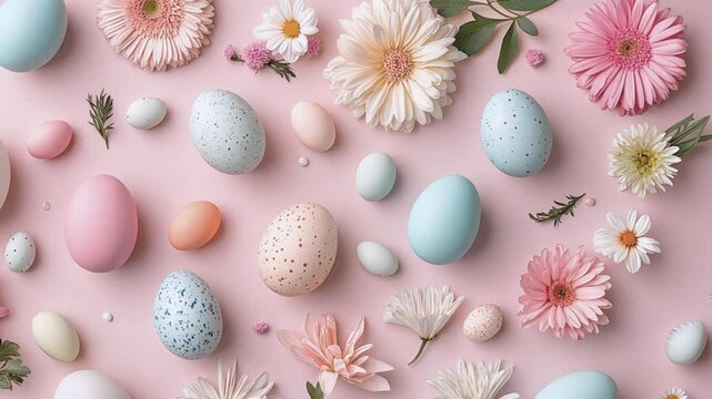 Pastel colored Easter eggs and flowers arranged on a pink background.