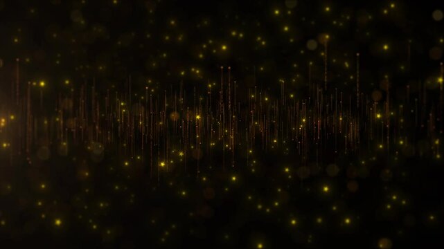 Golden glitter dust particles fly in slow motion in the air lingering slowly. Dust Particles Background Bokeh. Holiday motion background, New year festive holiday celebration vibes, dreamy atmosphere.