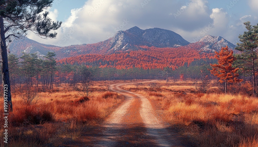 Poster Winding Path Through an Autumnal Forest with Mountain Views