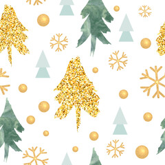 Golden Pine Forest, Watercolor Christmas Tree and Snowflakes. Holiday Background for Party or Gifts. Vector