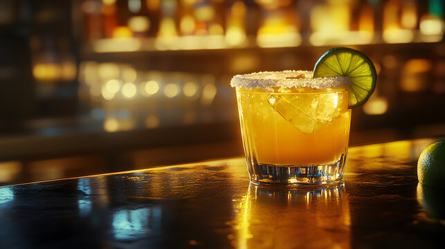 A golden margarita with a salted rim and a lime wedge on a glossy bar counter.