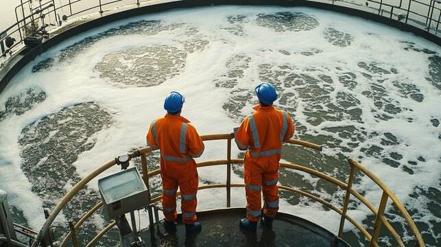 Two workers oversee wastewater treatment.