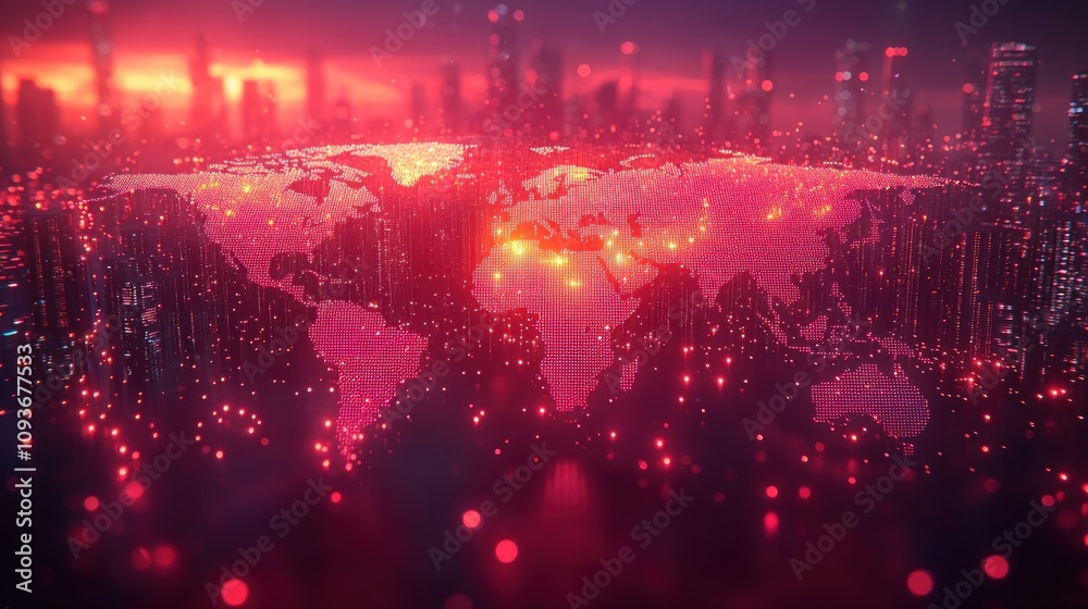 Poster a red glow world map with city skyline in the background