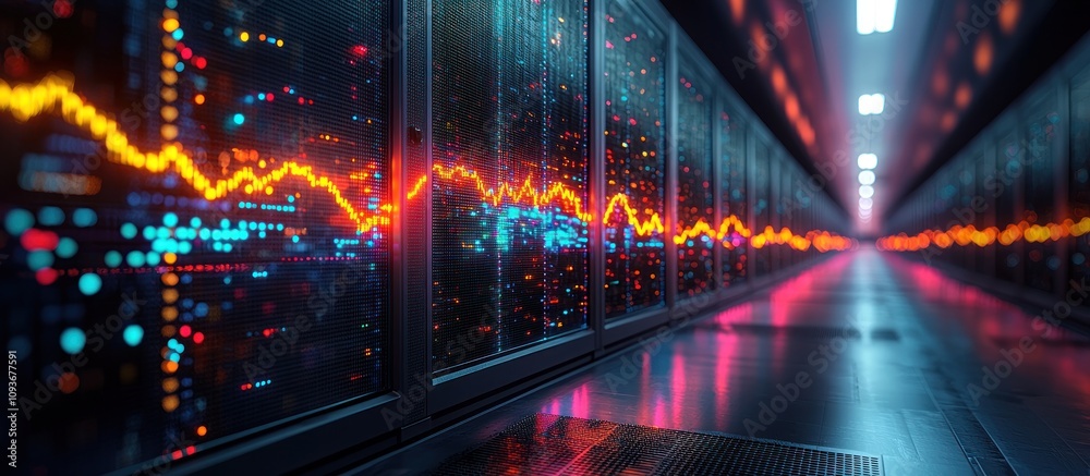 Poster Server Racks with Data Flow and Glowing Lights in a Data Center