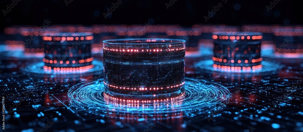 Poster glowing futuristic data cylinder with blue and red lights on a circuit board