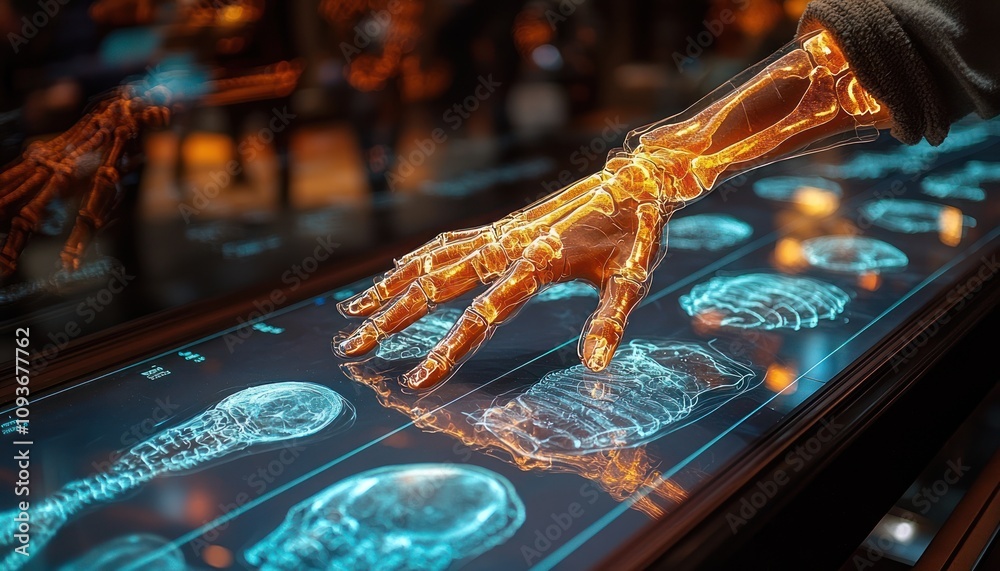 Poster transparent skeletal hand interacting with a futuristic interface