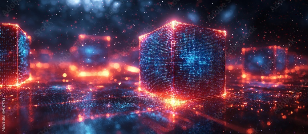 Aufkleber Glowing Digital Cubes with Binary Code and Sparks