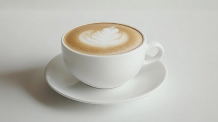 Fototapeta premium Hot cappuccino on white saucer, with latte art