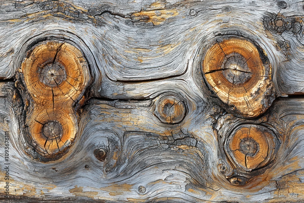 Poster close-up of knots and grain patterns in weathered wood