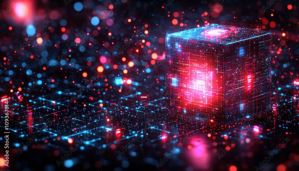 Poster Glowing Cube on a Digital Grid with Bokeh Lights