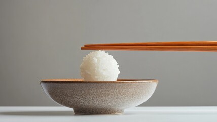 Pair of wooden chopsticks holding ball rice over ceramic bowl