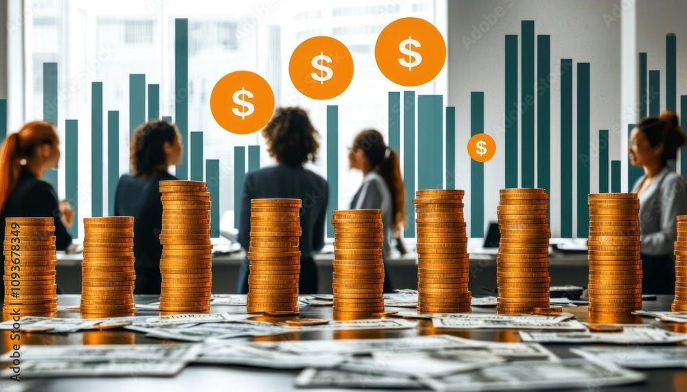 Aufkleber stacks of gold coins on a table with dollar signs and bar graphs in the background