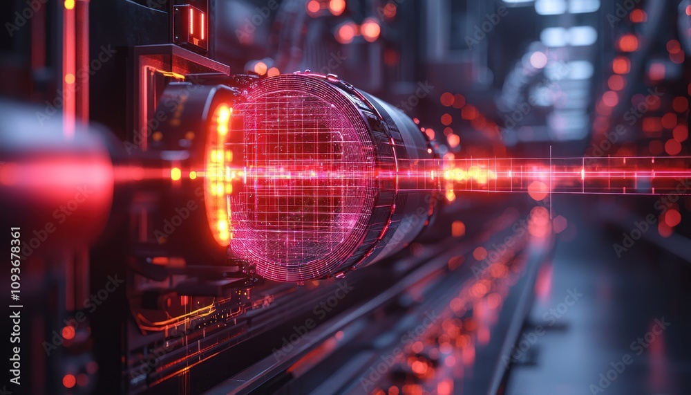 Poster Futuristic Machine with Red Lights and Grid Pattern