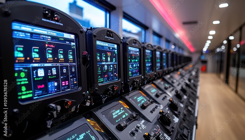 Fototapete row of control panels with digital displays and buttons in a modern room