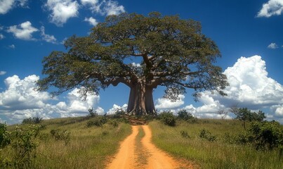 Obraz premium A wide dirt path leads toward a giant Baobab tree under a brilliant blue sky, surrounded by savanna-like vegetation