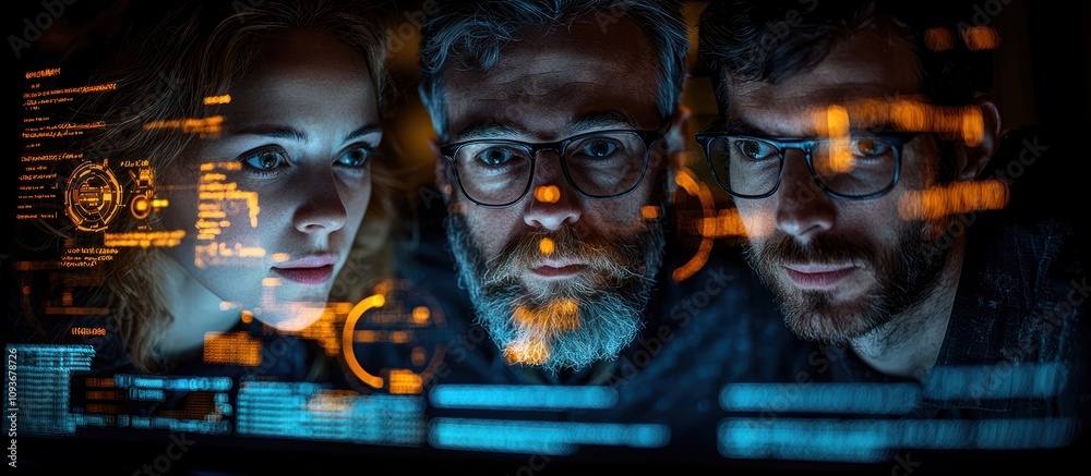 Aufkleber Three People Looking at a Computer Screen with Glowing Digital Data