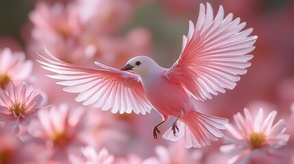 Graceful pink bird in flight among cherry blossoms in soft-focused springtime scene