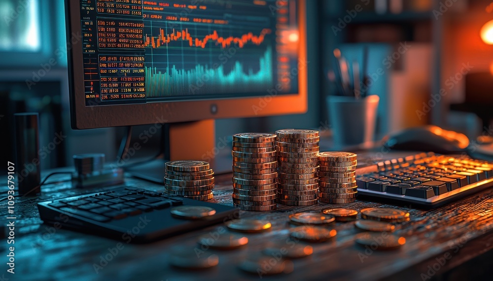 Aufkleber Stacks of Cryptocurrency Coins on a Desk with a Computer Monitor Showing Stock Market Data