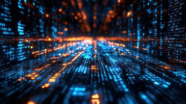 Abstract digital landscape with blue and orange lights and binary code