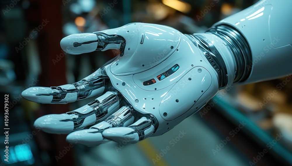 Poster A Close-Up View of a White Robotic Hand with Exposed Gears and Pistons