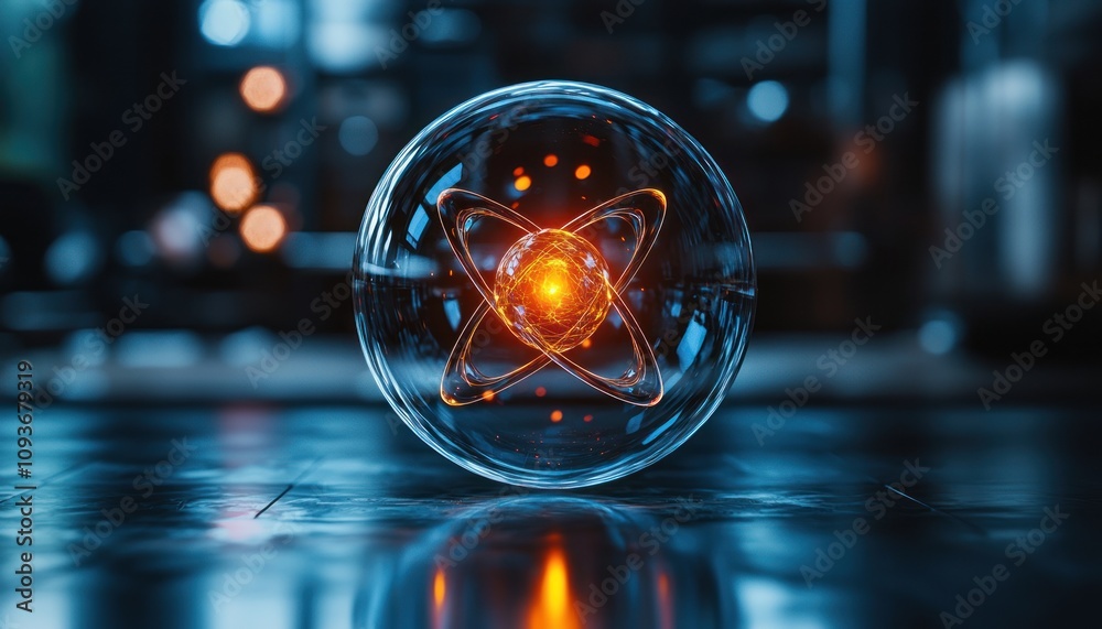 Poster Glowing Orb with Intricate Internal Structure on a Reflective Surface