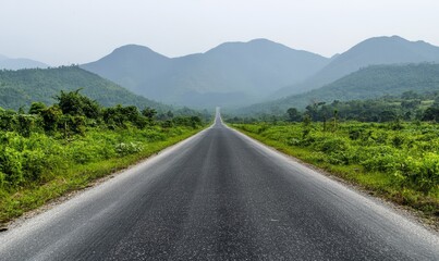 Naklejka premium A long, empty road with green plants on both sides and mountains in the distance, with a clear sky