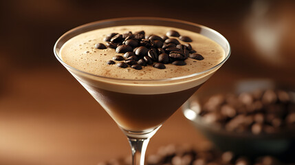 A handcrafted espresso martini served in a sleek coupe glass with coffee beans on top.