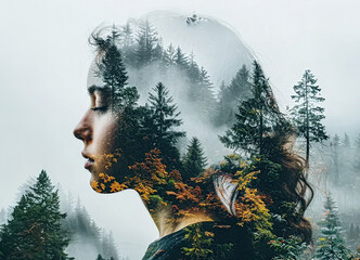 double exposure image combining the profile of a woman with a misty forest. The silhouette blends seamlessly with evergreen trees and warm autumn foliage, evoking a sense of harmony with nature