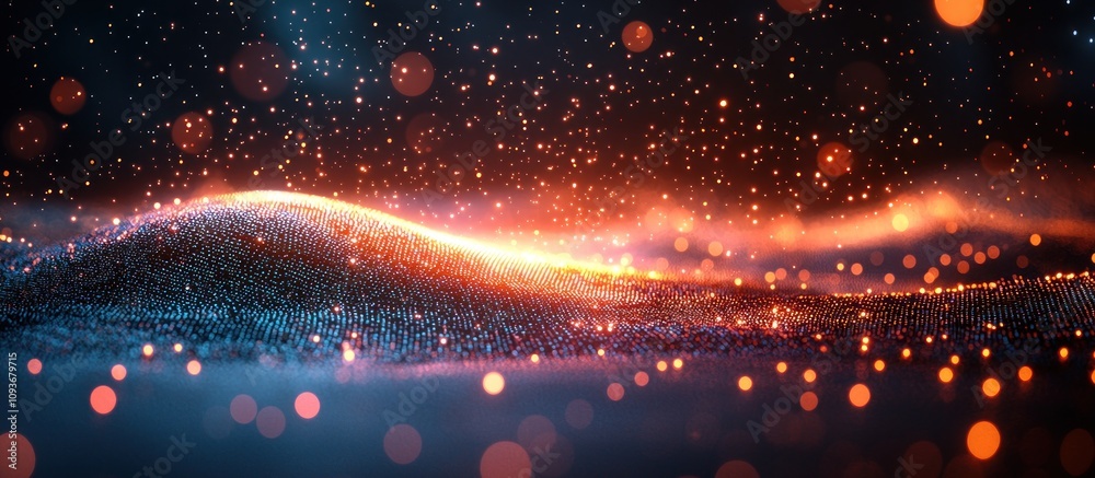 Poster abstract digital landscape with glowing particles and bokeh lights