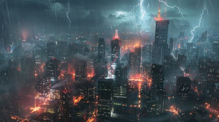 Fototapeta premium Dramatic Urban Skyline with Lightning and Rain Over Skyscrapers
