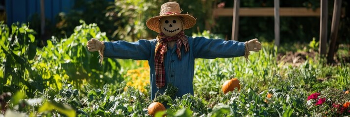 A scarecrow stands proudly in a vibrant garden, surrounded by healthy vegetables and colorful plants under bright sunlight. Generative AI