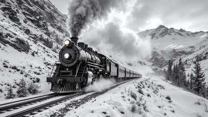 Fototapeta premium Classic Steam Train in a Snowy Mountain Landscape