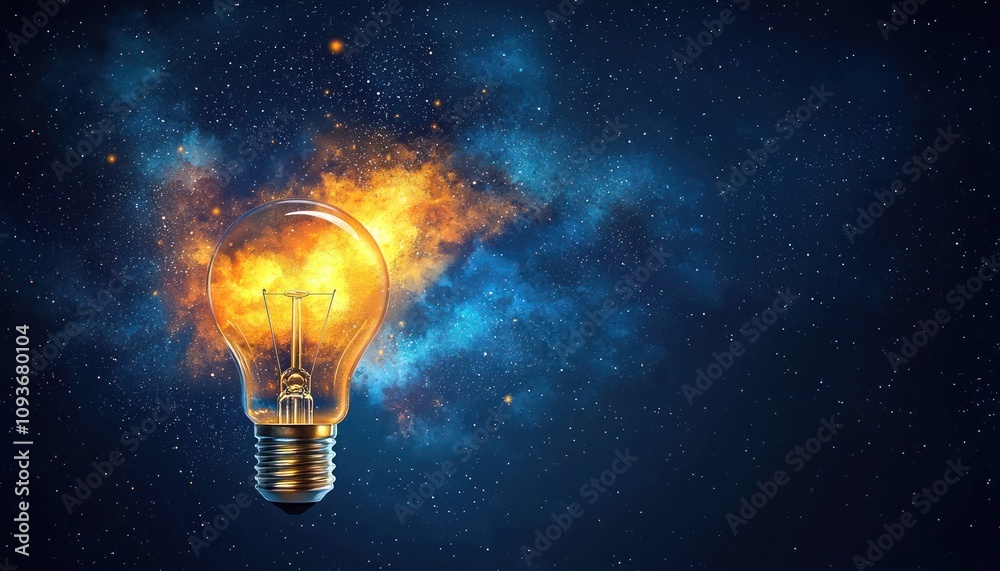 Poster a light bulb glowing with a cosmic nebula inside