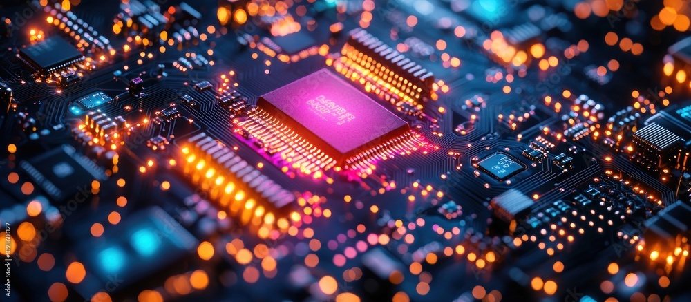 Poster Illuminated Microchip on a Circuit Board with Bokeh Effects
