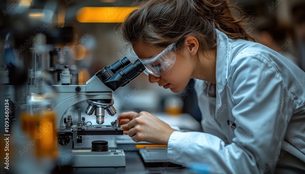 Poster young woman scientist using a microscope in a lab