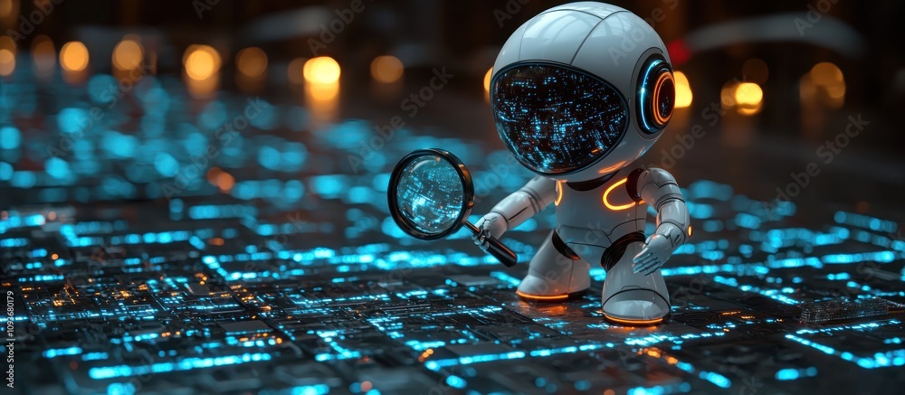 Poster A futuristic robot with a magnifying glass exploring a digital world