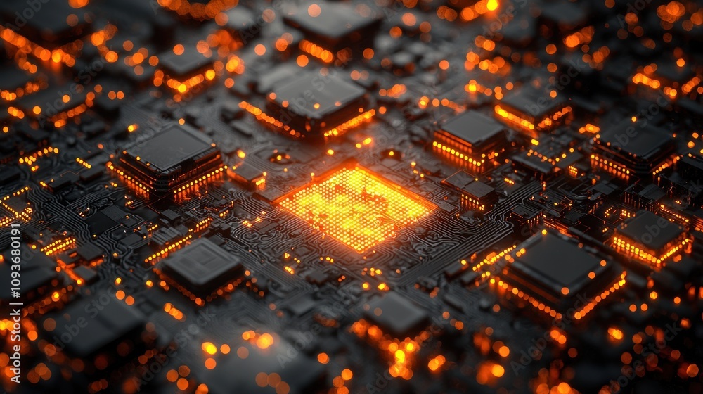Poster Glowing Circuit Board with Central Processor Unit