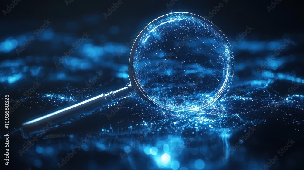 Poster digital magnifying glass on a blue network background