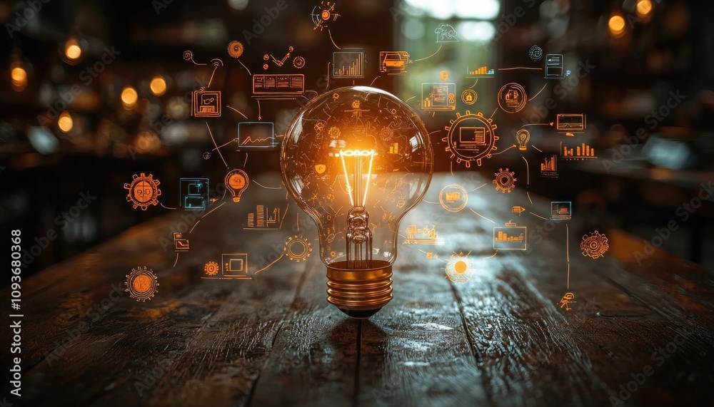 Poster Illuminated Lightbulb with Abstract Network of Ideas and Concepts