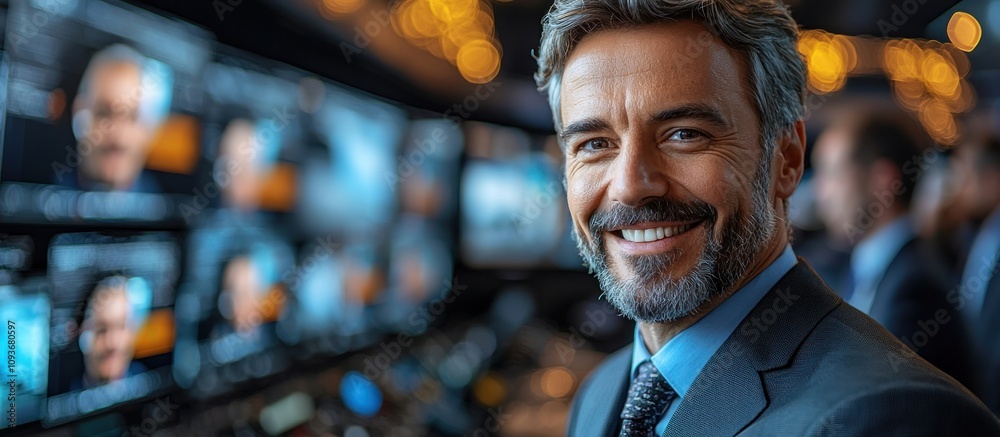 Poster portrait of a smiling man in a suit, blurred background with lights