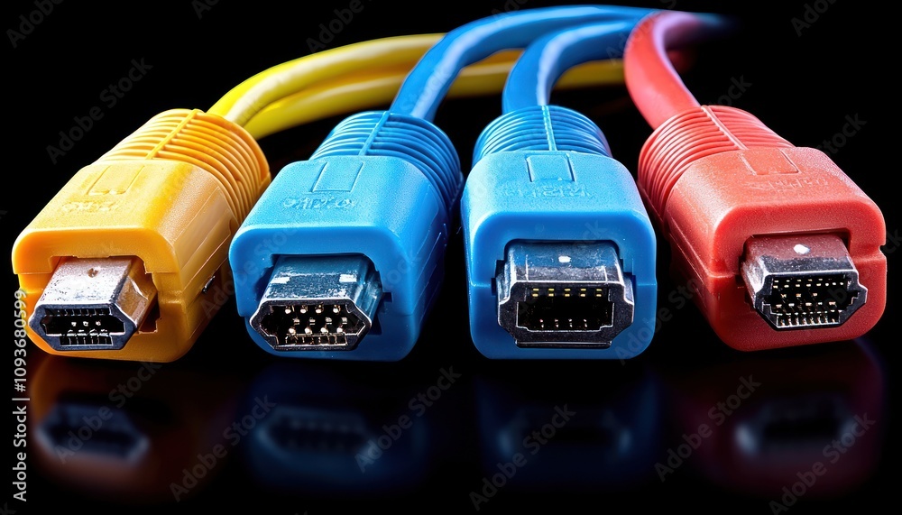 Poster four colorful cables with parallel connectors against a black background